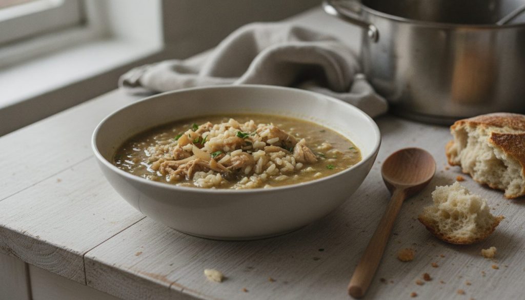 Skål med arabisk kyllinge- og rissuppe