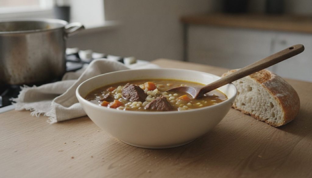 Skål med beef barley soup