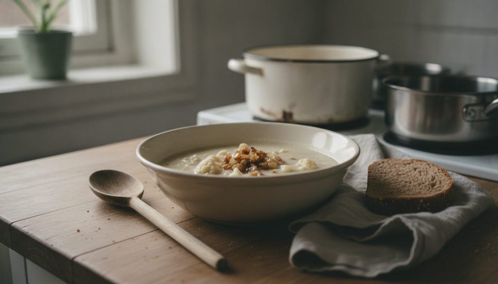 Skål med blomkålssuppe