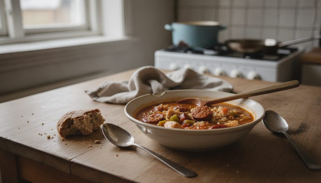 Skål med cajun kyllinge- og pølsesuppe