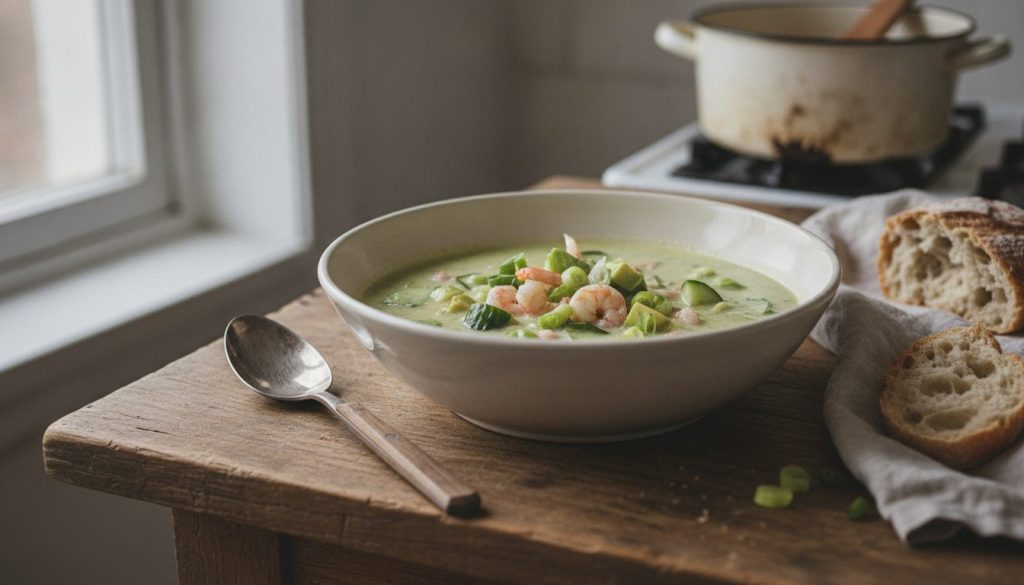 Skål med chilled shrimp soup