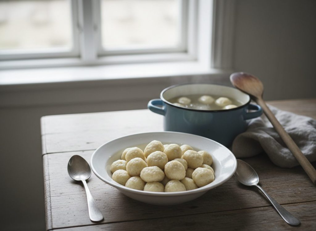 Færdigkogte melboller i skål ved siden af gryden med hønsekødssuppe
