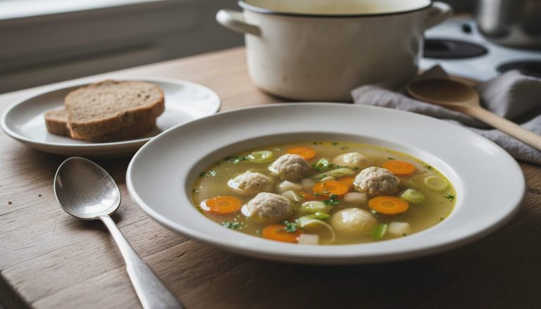 Tallerken med klar hønsekødssuppe med kødboller, melboller og suppeurter
