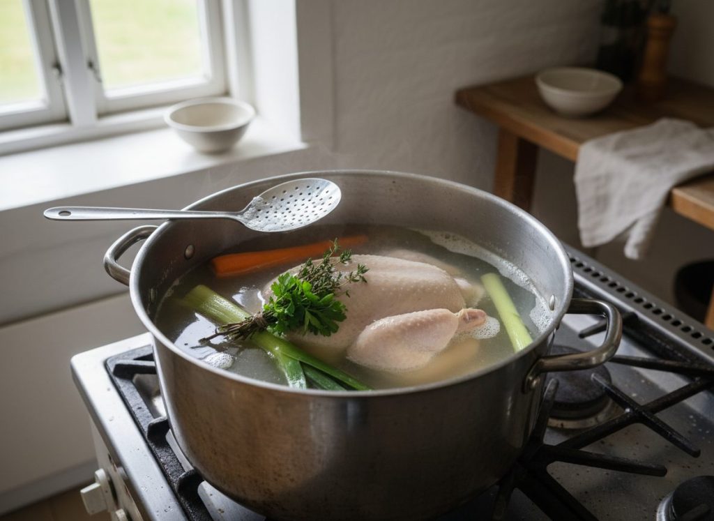 Skummet tages af hønsekødssuppen, mens suppen snurrer uden at koge