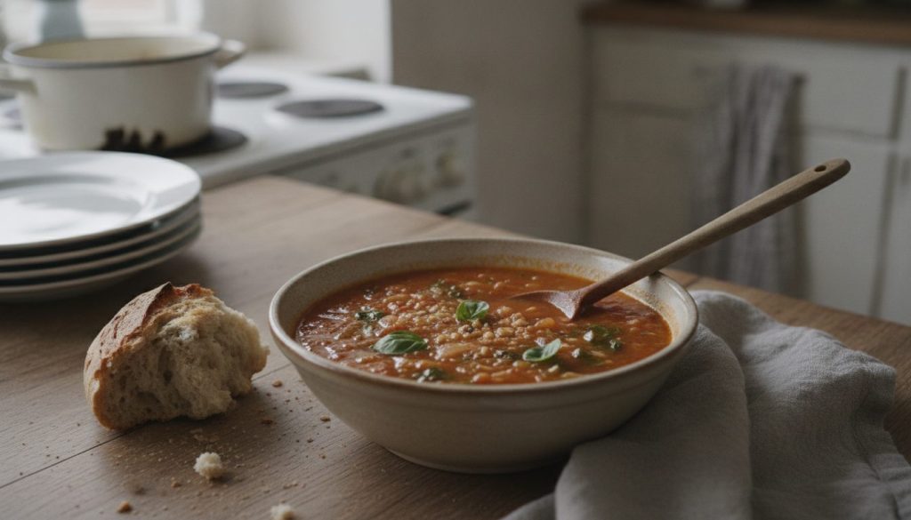 Skål med italiensk tomat-basilikum suppe