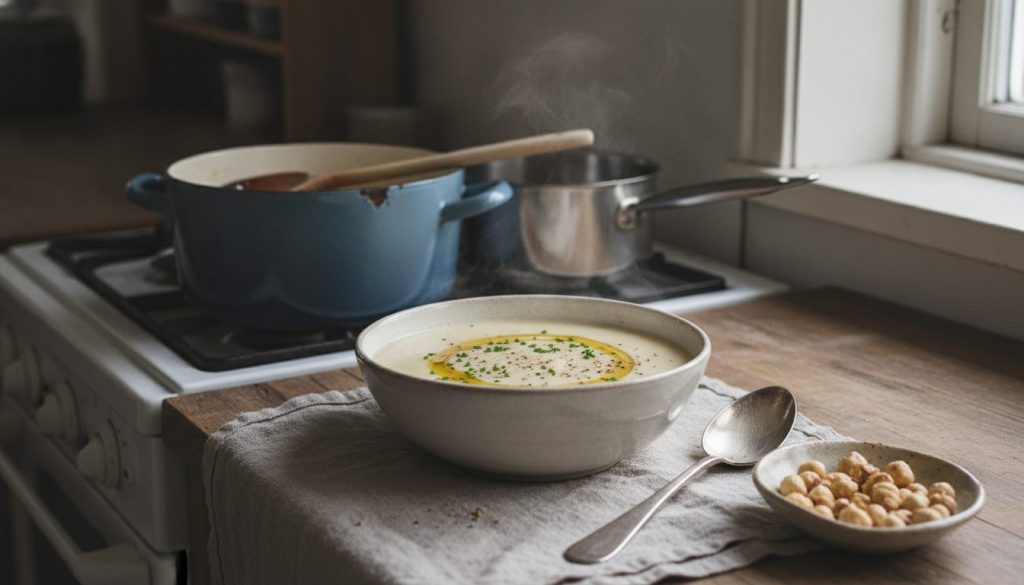 Skål med cremet jordskokkesuppe med urter og olie
