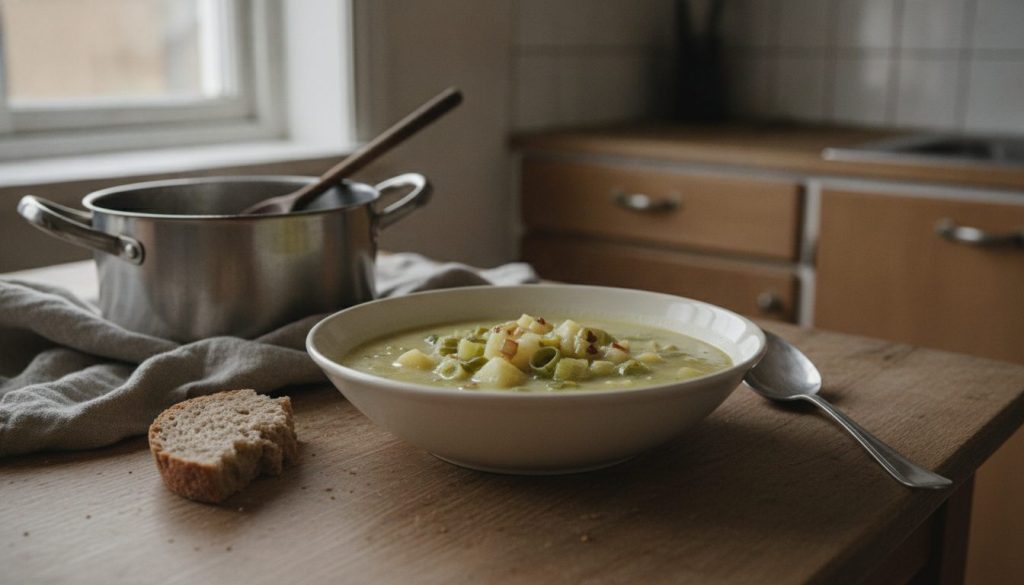 Skål med kartoffel-porresuppe