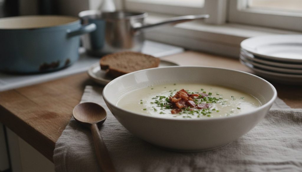 Skål med cremet kartoffelsuppe toppet med sprød bacon og purløg