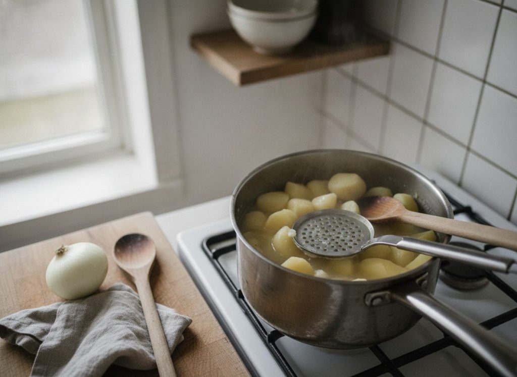 Kartofler moses med kartoffelmoser i gryden til kartoffelsuppe
