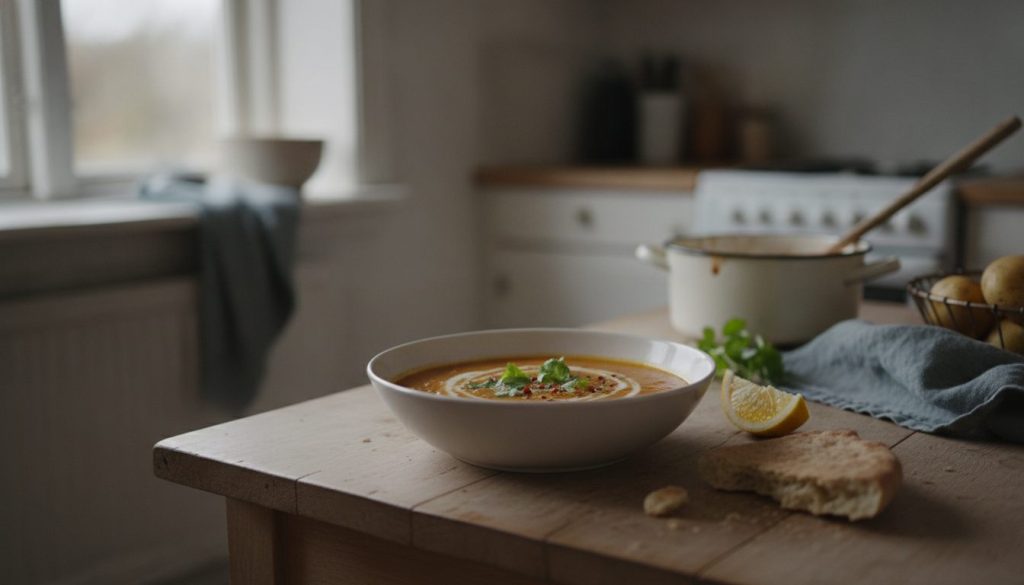 Skål med cremet rød linsesuppe med kokosmælk og frisk koriander