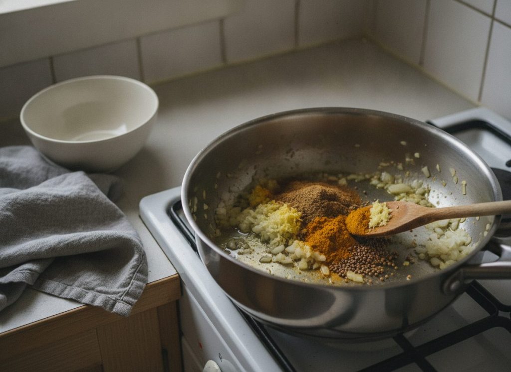 Krydderier ristes i olie med løg og ingefær til linsesuppe