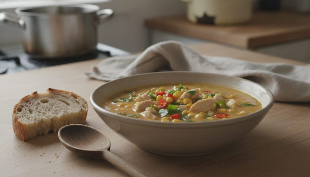 Skål med majs- og kyllingesuppe fra new mexico