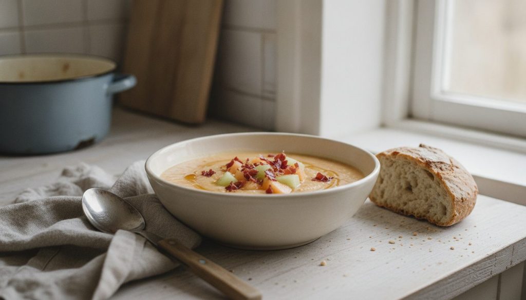 Skål med melon soup with prosciutto