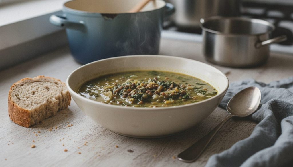 Skål med persisk spinat- og linsesuppe