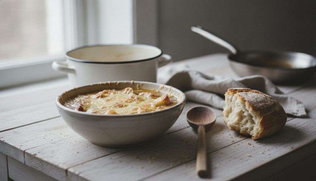 Skål med soupe à l’oignon