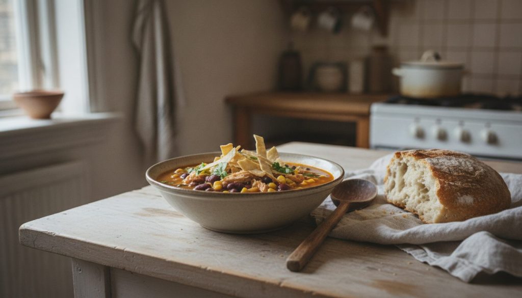 Skål med texansk tortilla-kylling suppe