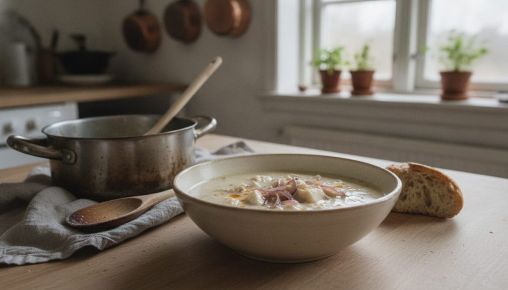 Skål med zanzibars kokos-fiskesuppe